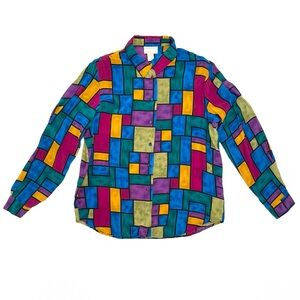 Vintage 90s Christie & Jill Multicolor 100% Silk Funky Stained Glass Blouse